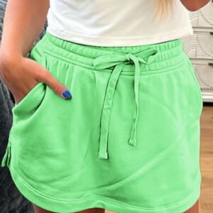 light green french terry drawstring elastic waistband mini skort with pockets