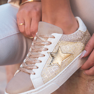 gold glitter star patchwork pu leather lace up sneakers