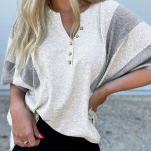 light grey two tone contrast waffle knit patched buttoned v neck top