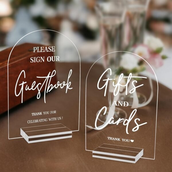 2pcs clear acrylic wedding signs for ceremony and reception, 5x7 inch modern wedding signage, guest book sign, cards and gifts sign for wedding, wedding reception signs with holder