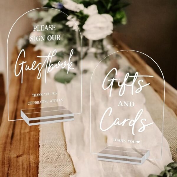 2pcs clear acrylic wedding signs for ceremony and reception, 5x7 inch modern wedding signage, guest book sign, cards and gifts sign for wedding, wedding reception signs with holder