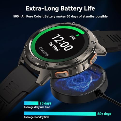 Smart Watches for Men,60 Days Extra-Long Battery, Rugged Military Bluetooth Call(Answer/Dial Calls),1.43" Ultra HD AMOLED Display,Full Metal Body SmartWatch Compatible iPhone and Android Electronics - Color : Phantom Black - Image 5
