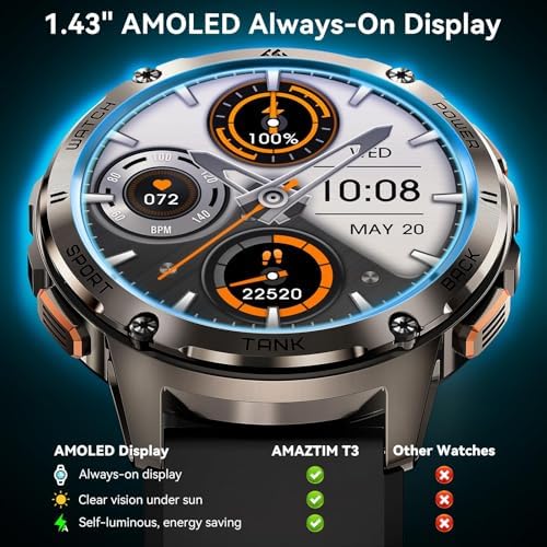 Smart Watches for Men,60 Days Extra-Long Battery, Rugged Military Bluetooth Call(Answer/Dial Calls),1.43" Ultra HD AMOLED Display,Full Metal Body SmartWatch Compatible iPhone and Android Electronics - Color : Phantom Black - Image 3