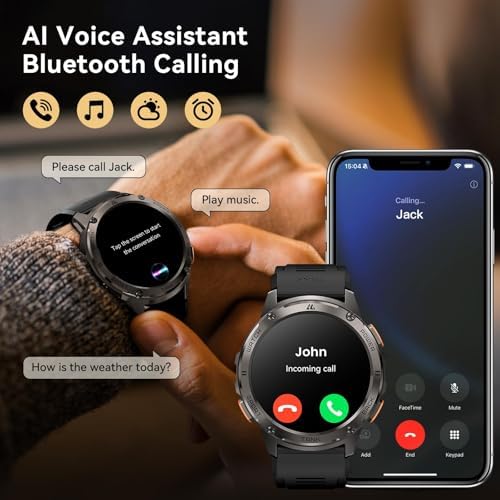 Smart Watches for Men,60 Days Extra-Long Battery, Rugged Military Bluetooth Call(Answer/Dial Calls),1.43" Ultra HD AMOLED Display,Full Metal Body SmartWatch Compatible iPhone and Android Electronics - Color : Phantom Black - Image 4