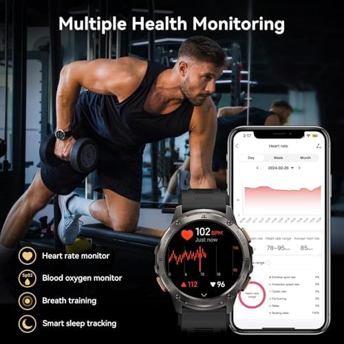 Smart Watches for Men,60 Days Extra-Long Battery, Rugged Military Bluetooth Call(Answer/Dial Calls),1.43" Ultra HD AMOLED Display,Full Metal Body SmartWatch Compatible iPhone and Android Electronics - Color : Phantom Black - Image 7