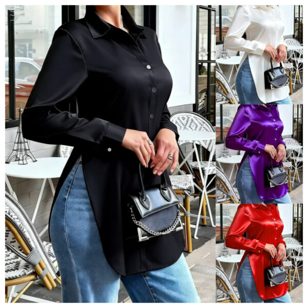 Womens Solid-Color Irregular-Hem Long-Sleeve Satin Shirt - Image 3