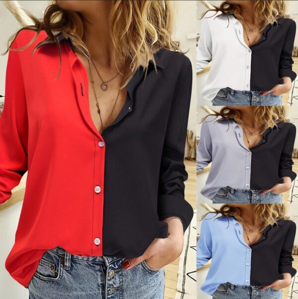 Patchwork Long-Sleeve Lapel Shirt With Single-Breasted Closure - Image 2