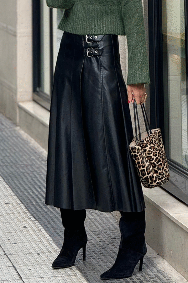 Black Faux Leather Retro Buckle Detail Pleated Stitch Flared Midi Skirt - Image 6