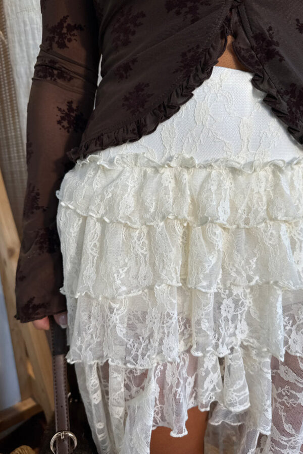 White Sheer Lace Frilly Ruffles High Low Long Skirt - Image 4