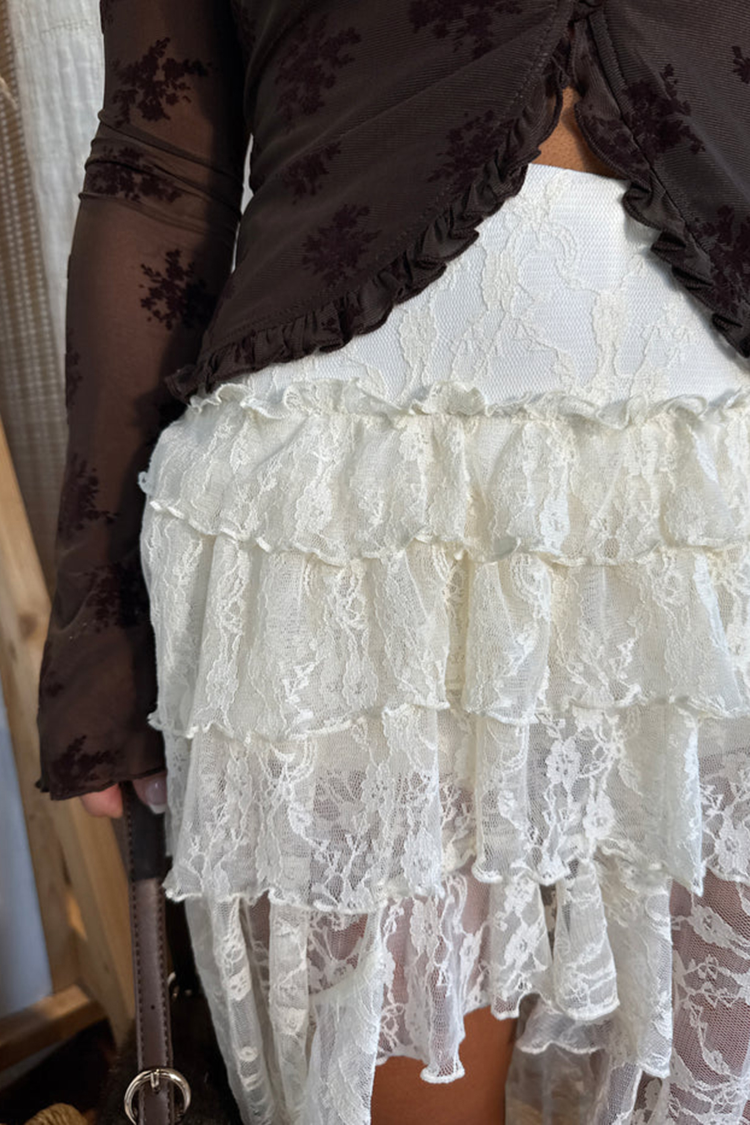 White Sheer Lace Frilly Ruffles High Low Long Skirt - Image 4