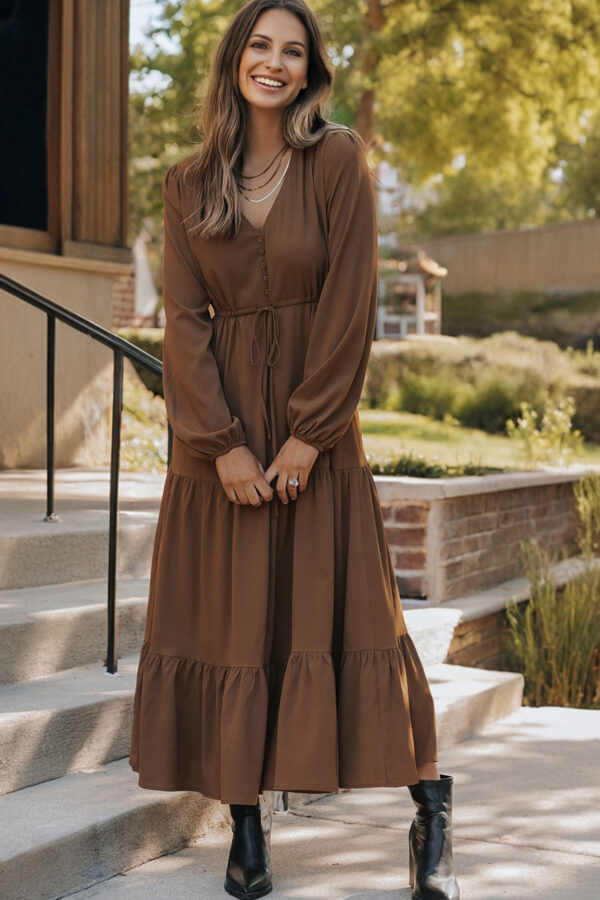 Burgundy Solid Long Sleeve Button V Neck Tiered Maxi Dress - Image 6