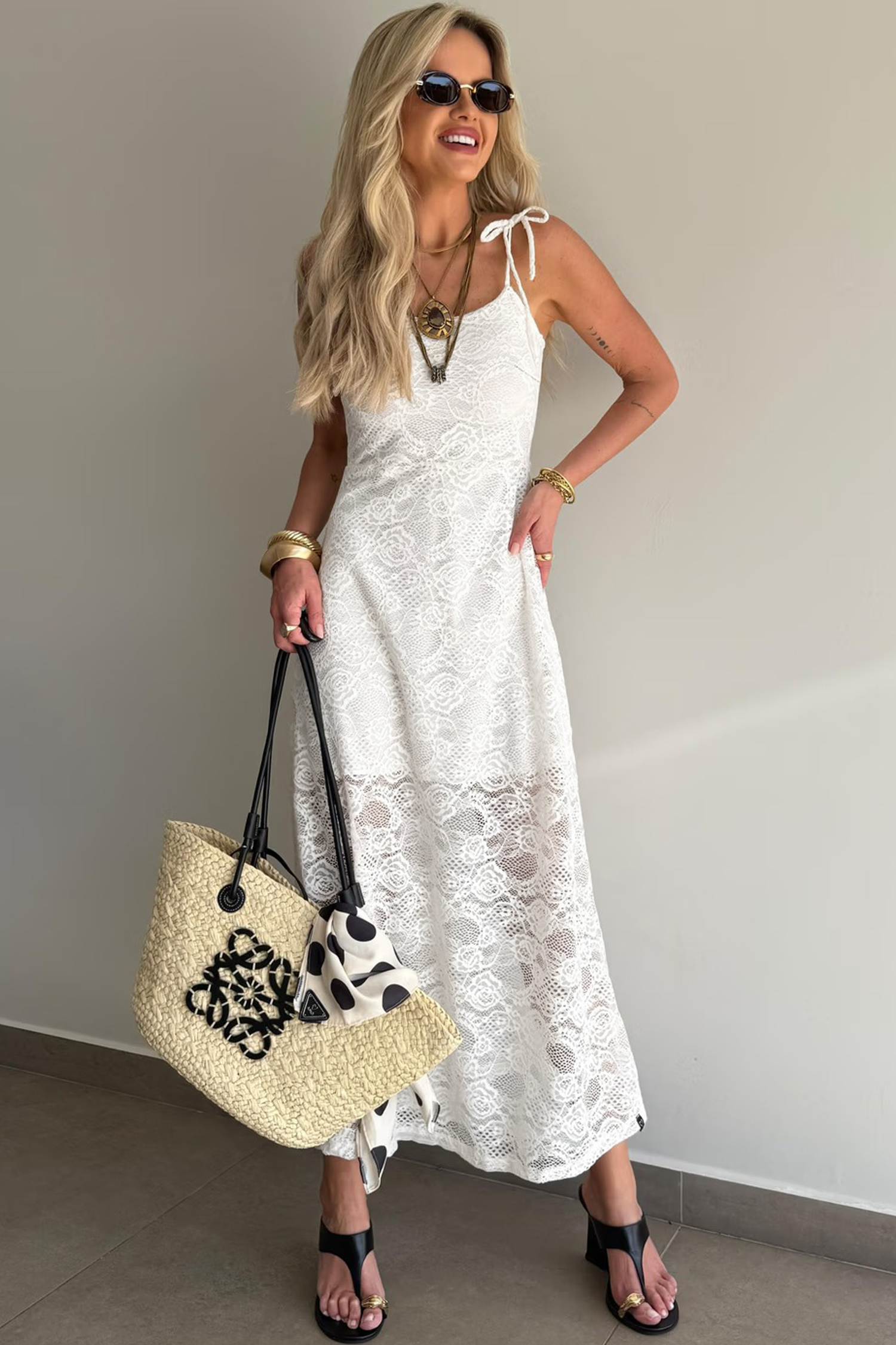 White Tie Spaghetti Straps Floral Lace Overlay Long Dress - Image 3