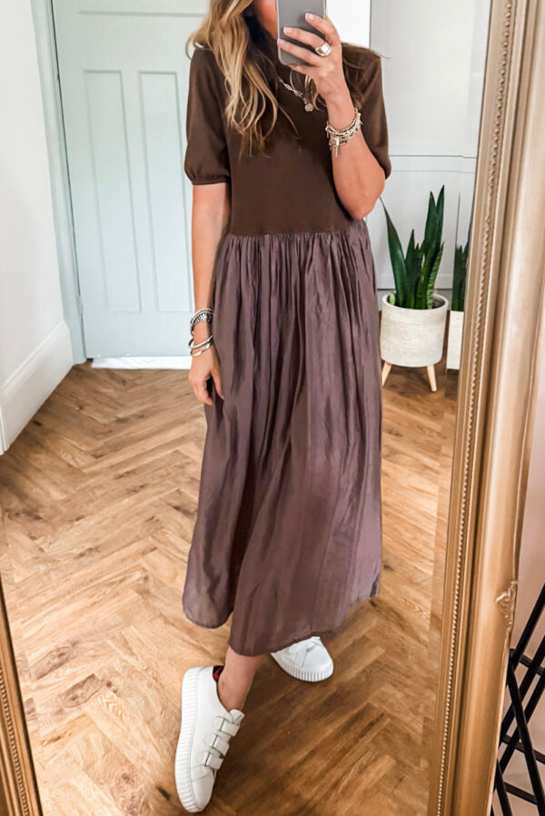 Black Short Sleeve Knit Top Patchwork Pleated Long Dress - Image 5