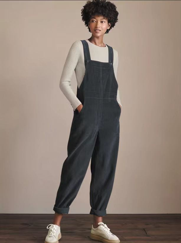 Corduroy Bib Overalls With Buttons And Pockets Fashion Casual Jumpsuit Loose Straight Pnats For Women - Image 7