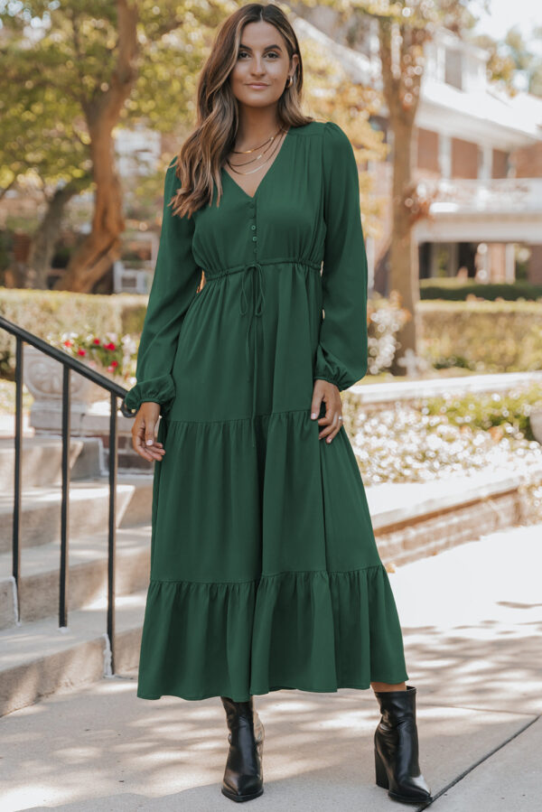 Burgundy Solid Long Sleeve Button V Neck Tiered Maxi Dress - Image 9