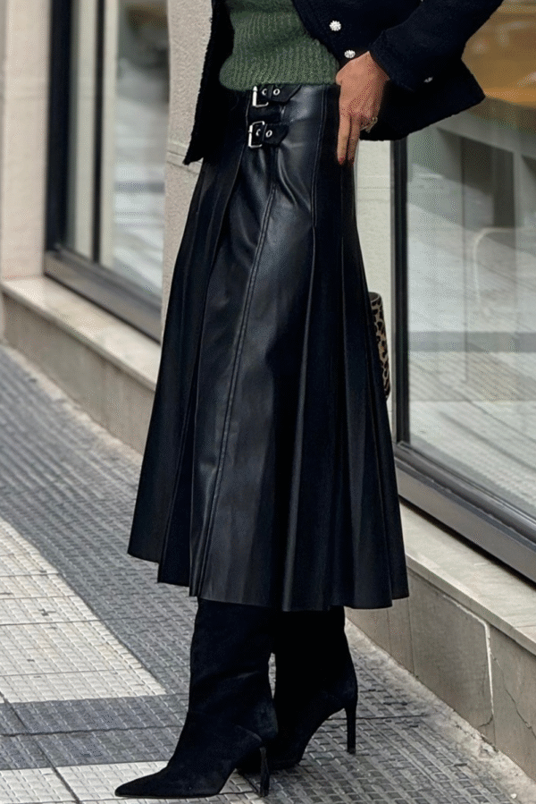 Black Faux Leather Retro Buckle Detail Pleated Stitch Flared Midi Skirt - Image 2