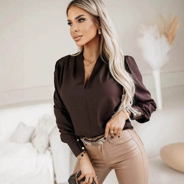 Urban Chic Solid-Color V-Neck Commuter Blouse For Women - Image 2