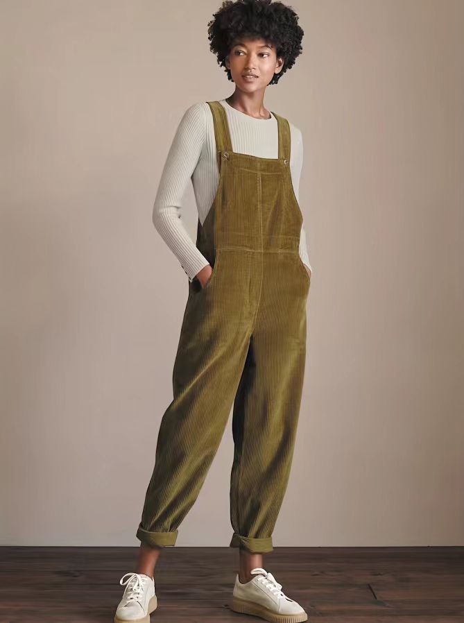 Corduroy Bib Overalls With Buttons And Pockets Fashion Casual Jumpsuit Loose Straight Pnats For Women - Image 8