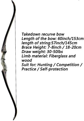 60'' Archery Recurve Bow Takedown Bow Hunting Bow and Arrow Set Adult Target Practice Competition Survival Longbow Right Hand 30-50lbs with 6pcs Fiberglass Arrows (40lbs) : Sports & Outdoors - Image 3