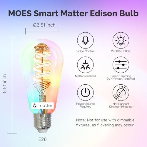 MOES Matter WiFi ST64 Edison Smart Bulbs, Color Changing Light Bulb, 16 Million RGB Colors & Tunable White, Works with Apple Home, Alexa, Google Home, E26 Dimmable 5W (40W Equivalent), 2-Pack : Tools & Home Improvement - Image 10