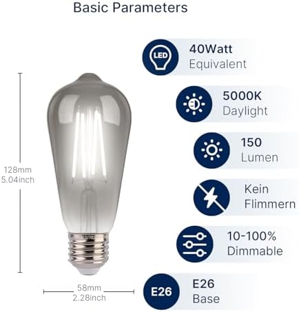 FLSNT LED Edison Bulbs, 5000K White Light Dimmable ST19 LED Light Bulbs, E26 Base,4W(40W Equivalent), CRI82+, 150LM, 6 Pack, Smoky Grey Glass - - Image 2