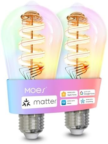 MOES Matter WiFi ST64 Edison Smart Bulbs, Color Changing Light Bulb, 16 Million RGB Colors & Tunable White, Works with Apple Home, Alexa, Google Home, E26 Dimmable 5W (40W Equivalent), 2-Pack : Tools & Home Improvement