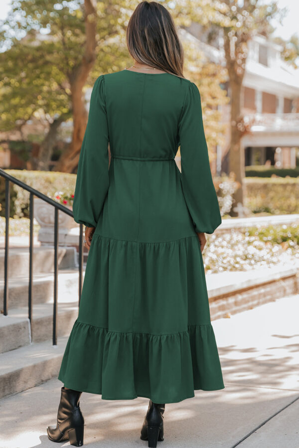Burgundy Solid Long Sleeve Button V Neck Tiered Maxi Dress - Image 8
