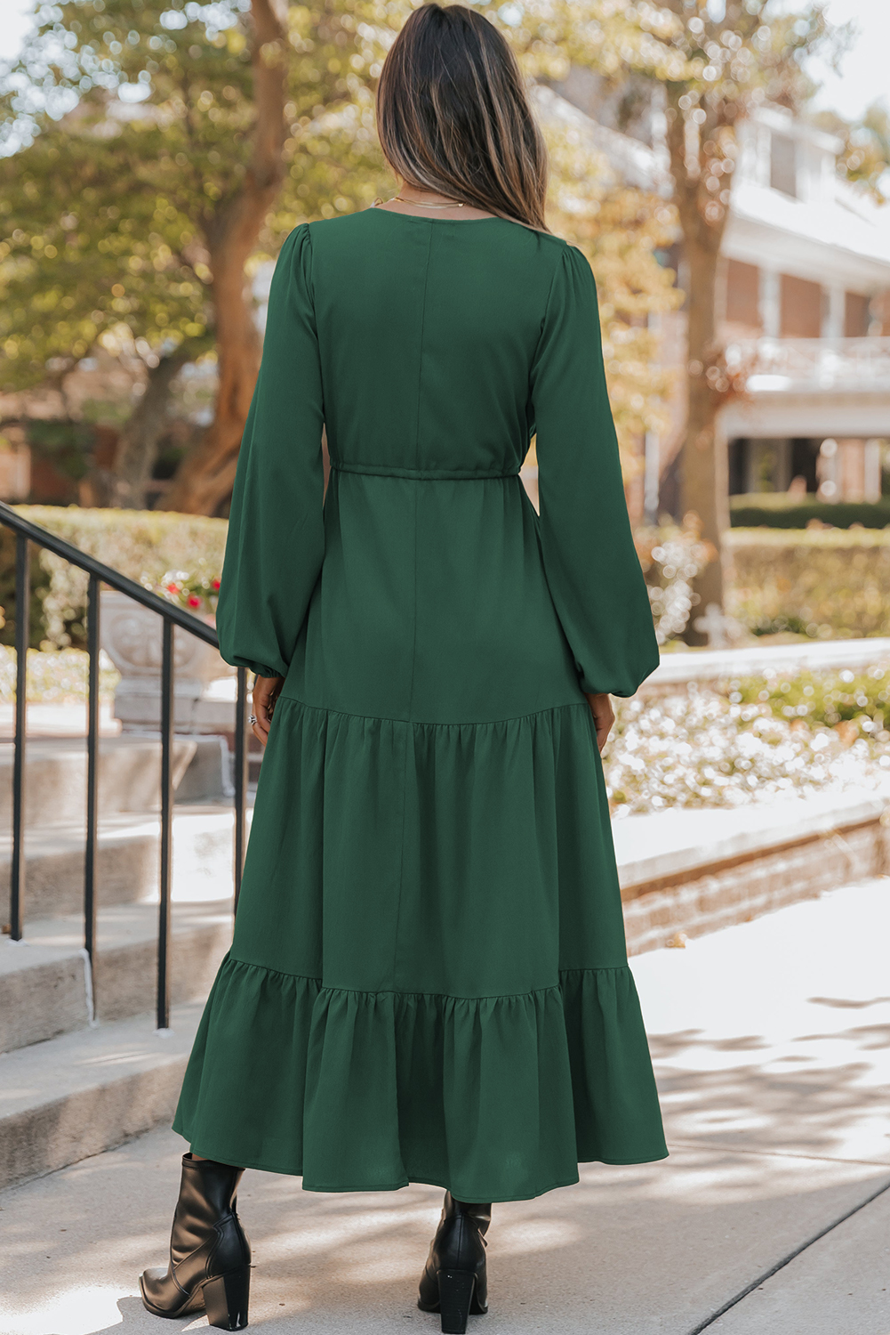 Burgundy Solid Long Sleeve Button V Neck Tiered Maxi Dress - Image 8
