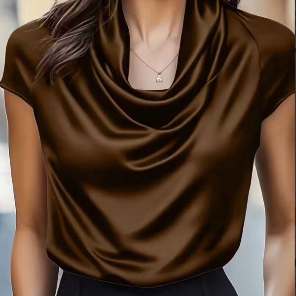 Women's Solid Color Cowl Neck Ruched Blouse, Elegant Short Sleeve Shiny Office Shirt, Wrinkle-Resistant For Wedding & Formal Occasions - Image 3