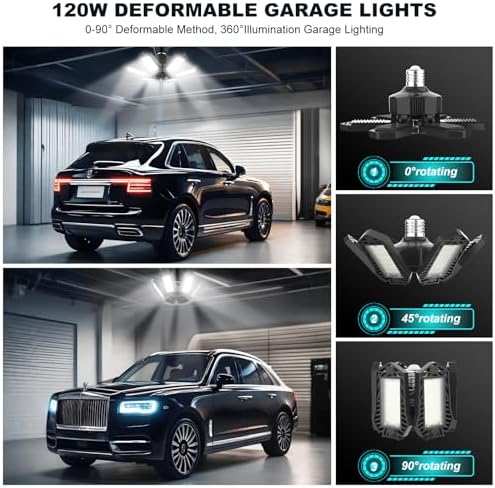 LUCORUSC Led Garage Lights Bulb 10 Pack 120W Super Bright Ceiling Led Shop Lights 6 Deformable Panels Screw in E26/E27 6500K 12000 LM Deformable Garage Light Ideal for Basement Attic and Workshop - - Image 4