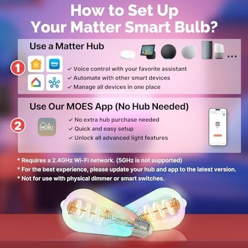 MOES Matter WiFi ST64 Edison Smart Bulbs, Color Changing Light Bulb, 16 Million RGB Colors & Tunable White, Works with Apple Home, Alexa, Google Home, E26 Dimmable 5W (40W Equivalent), 2-Pack : Tools & Home Improvement - Image 2