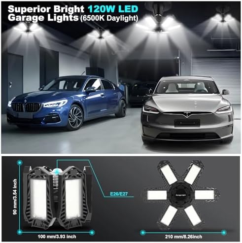 LUCORUSC Led Garage Lights Bulb 10 Pack 120W Super Bright Ceiling Led Shop Lights 6 Deformable Panels Screw in E26/E27 6500K 12000 LM Deformable Garage Light Ideal for Basement Attic and Workshop - - Image 11