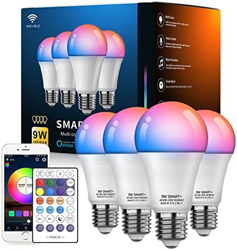 Vanance Smart Light Bulbs 4Pack with Remote, A19 E26 800LM LED Color Changing Light Bulb, WiFi & Bluetooth 5.0, Warm to Cool White, Dimmable, RGB Smart Home Lighting Work with Alexa Google Assistant -