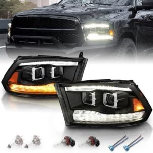 AmeriLite for 2009-2018 Dodge Ram 1500 2500 3500 [BOTH Model] Upgraded Projector Switchback LED Tube Black Headlights Assembly Pair - Passenger and Driver Side : Automotive