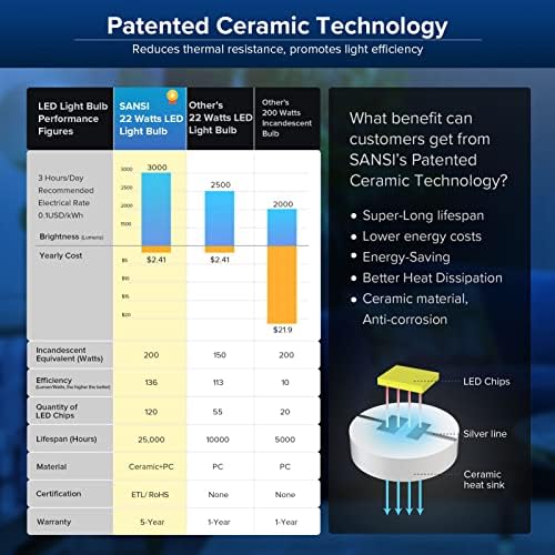 SANSI 200W Equivalent Bright Light Bulbs, 3000 Lumens Super Bright LED Light Bulb, 5000K Daylight LED Light Bulbs Non-Dimmable, 22-Year Lifetime, A21 E26 22W Energy Saving for Home Garage, 2Pack - - Image 2