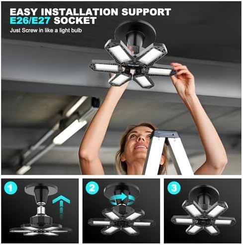 LUCORUSC Led Garage Lights Bulb 10 Pack 120W Super Bright Ceiling Led Shop Lights 6 Deformable Panels Screw in E26/E27 6500K 12000 LM Deformable Garage Light Ideal for Basement Attic and Workshop - - Image 6