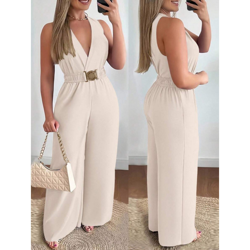 Resort-style Wide-leg Pants With A Crossover V-neck And Metal Buckle Waist - Image 2