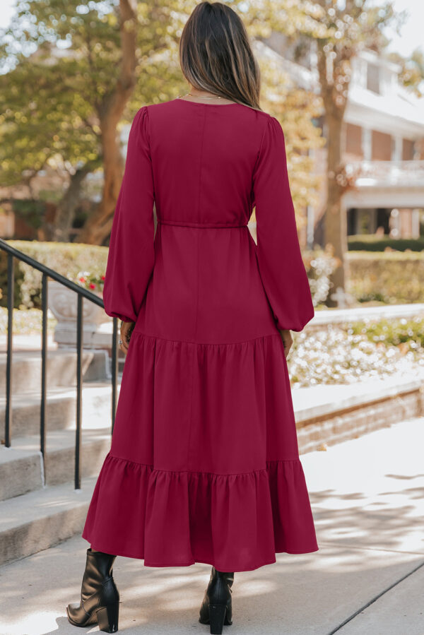 Burgundy Solid Long Sleeve Button V Neck Tiered Maxi Dress - Image 2