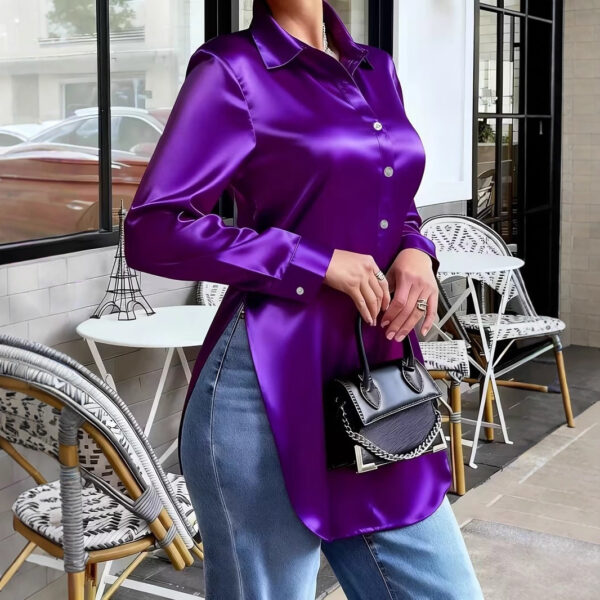 Womens Solid-Color Irregular-Hem Long-Sleeve Satin Shirt - Image 2