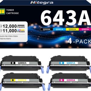 Hitegra 643A Toner Cartridges 4-Pack Q5950A Q5951A Q5952A Q5953A Replacement for HP 643A Toner Compatible with Color 4700 4700n 4700dn 4700dtn 4700ph Printer Toner, Black Cyan Yellow Magenta : Office Products
