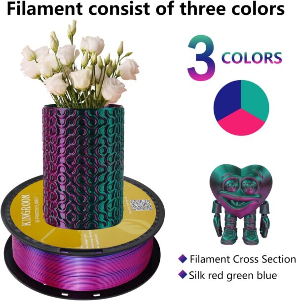 Kingroon PLA Filament, Multicolor Silk PLA Filament, Tri Color 3D Printer Filament, 1.75 mm, Dimensional Accuracy +/- 0.03 mm, 1kg Spool(2.2lbs), Red Blue Green : Industrial & Scientific - Image 3