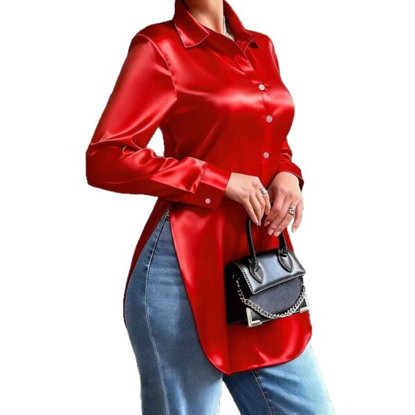 Womens Solid-Color Irregular-Hem Long-Sleeve Satin Shirt - Image 7