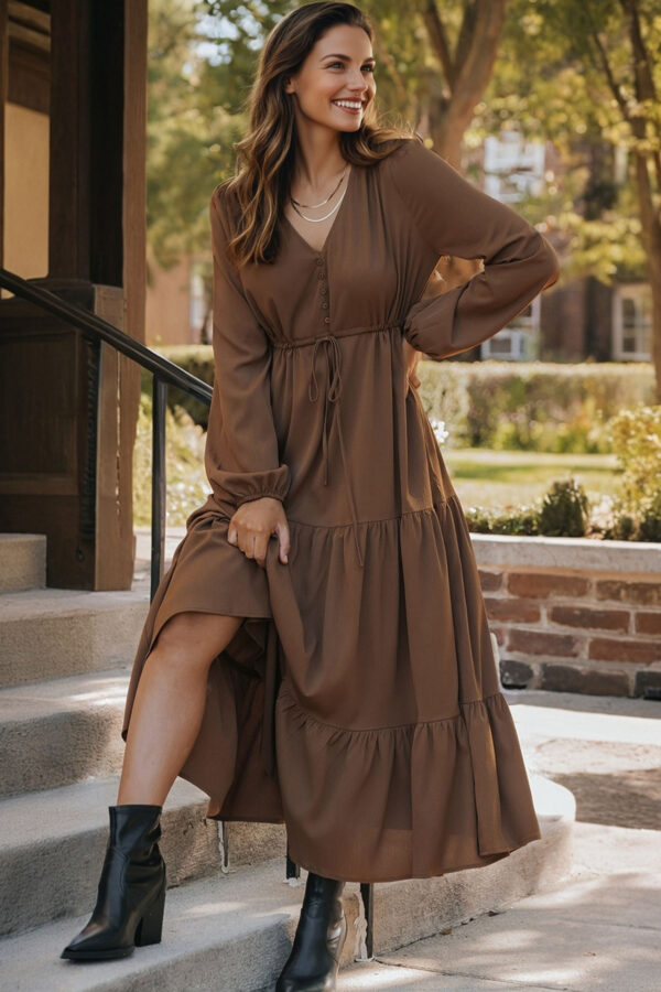 Burgundy Solid Long Sleeve Button V Neck Tiered Maxi Dress - Image 5