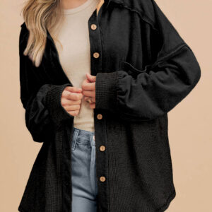 Black Waffle Knit Patchwork Exposed Seam Loose Shacket