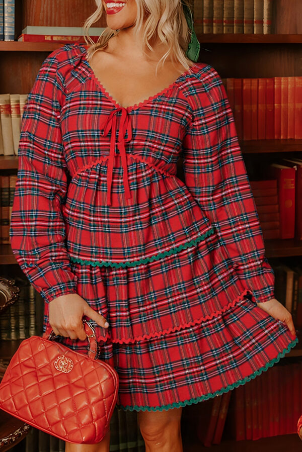 Red Plaid Print Ricrac Tiered Bubble Sleeve Mini Dress - Image 8