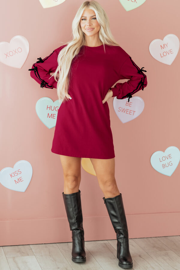 Racing Red Contrast Striped Bow Detail Drop Shoulder Sweatshirt Dress with Pockets - Image 4