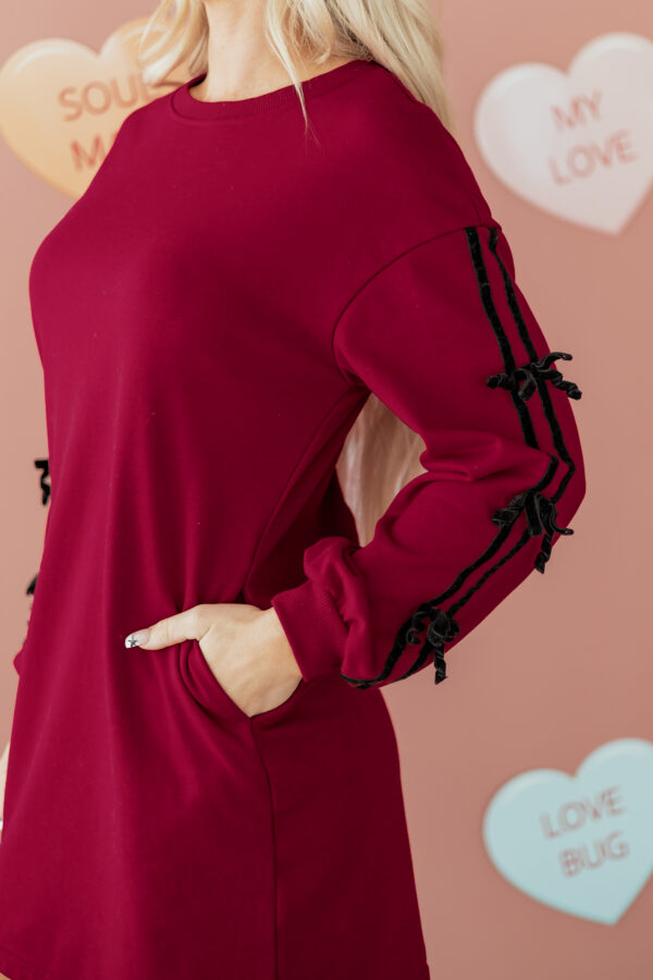 Racing Red Contrast Striped Bow Detail Drop Shoulder Sweatshirt Dress with Pockets - Image 8