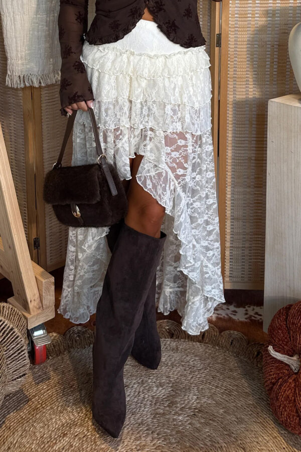 White Sheer Lace Frilly Ruffles High Low Long Skirt - Image 6