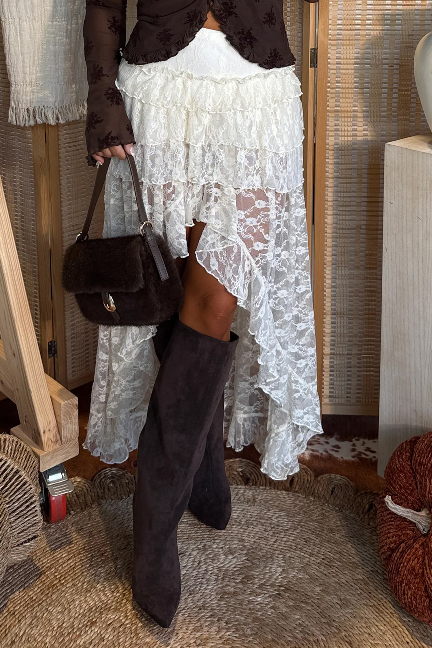White Sheer Lace Frilly Ruffles High Low Long Skirt - Image 6