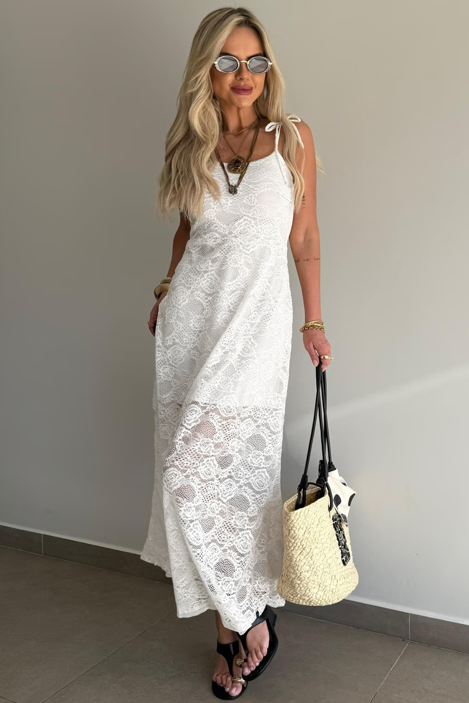 White Tie Spaghetti Straps Floral Lace Overlay Long Dress - Image 2